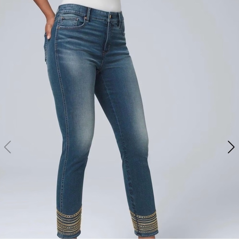 WHBM High Rise Beaded Hem Slim Crop Jeans